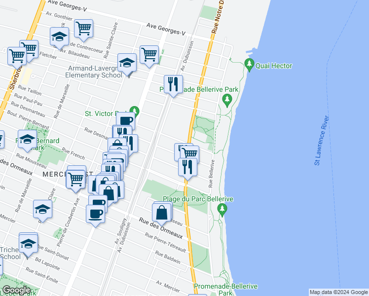map of restaurants, bars, coffee shops, grocery stores, and more near 9119 Rue Notre-Dame Est in Montréal