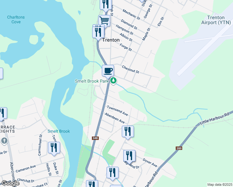 map of restaurants, bars, coffee shops, grocery stores, and more near Brook Street in Trenton