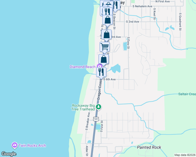 map of restaurants, bars, coffee shops, grocery stores, and more near 624 U.S. 101 in Rockaway Beach