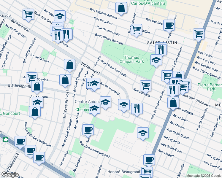 map of restaurants, bars, coffee shops, grocery stores, and more near Avenue de Verneuil in Montréal