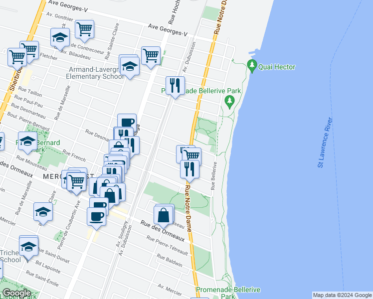 map of restaurants, bars, coffee shops, grocery stores, and more near 9119 Rue Notre-Dame Est in Montréal