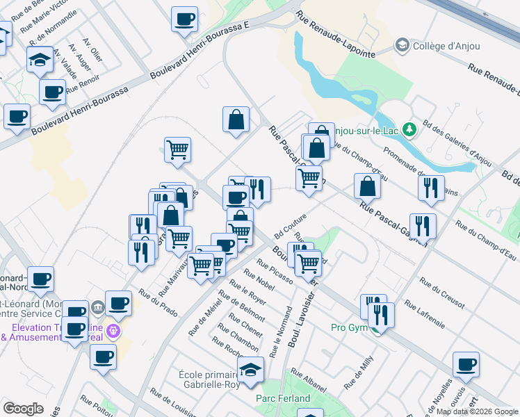 map of restaurants, bars, coffee shops, grocery stores, and more near 9225 Boulevard Langelier in Montréal