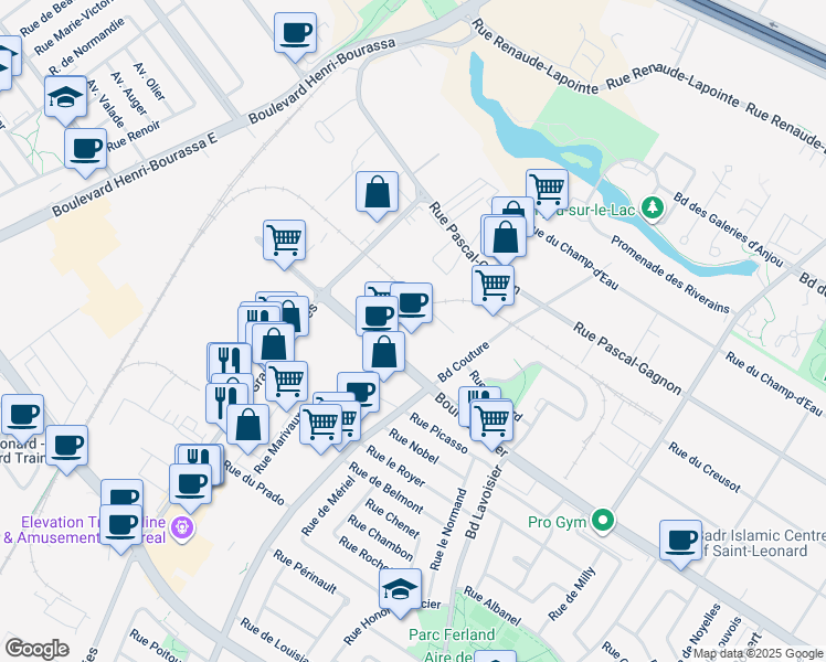 map of restaurants, bars, coffee shops, grocery stores, and more near 9225 Boulevard Langelier in Montréal
