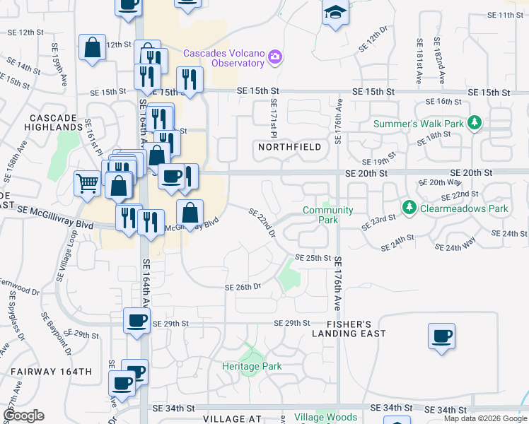 map of restaurants, bars, coffee shops, grocery stores, and more near 17146 Southeast 23rd Drive in Vancouver