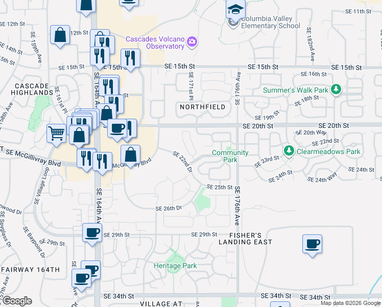 map of restaurants, bars, coffee shops, grocery stores, and more near 17146 Southeast 23rd Drive in Vancouver