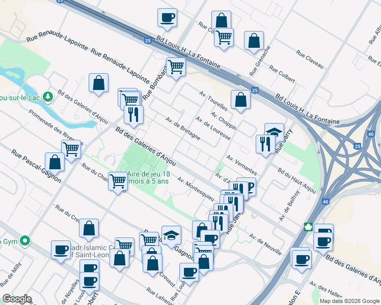 map of restaurants, bars, coffee shops, grocery stores, and more near 7190 Avenue des Acacias in Montréal