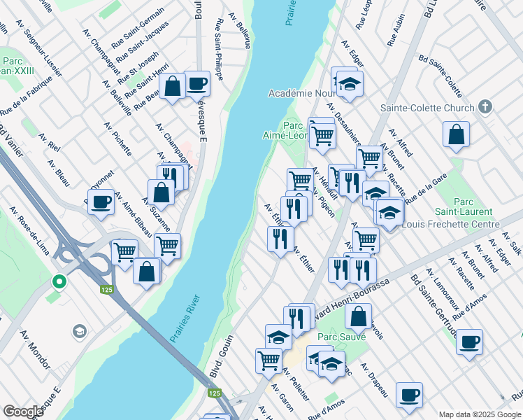 map of restaurants, bars, coffee shops, grocery stores, and more near 4700 Boulevard Albert Brosseau in Montréal