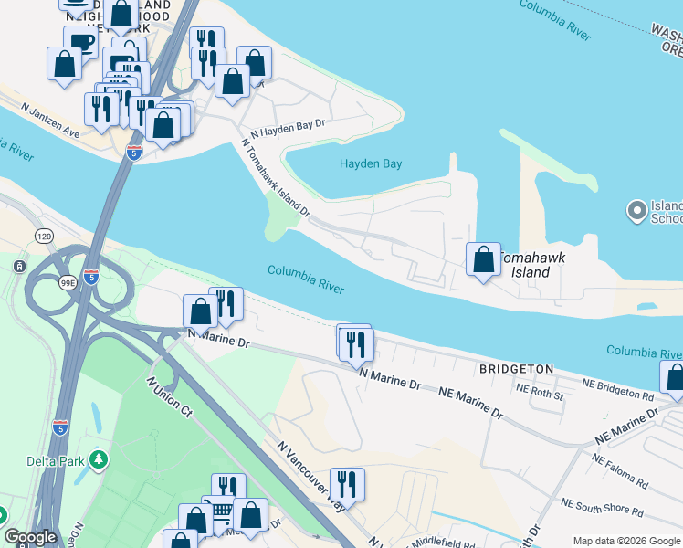 map of restaurants, bars, coffee shops, grocery stores, and more near 510 North Tomahawk Island Drive in Portland