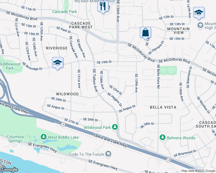 map of restaurants, bars, coffee shops, grocery stores, and more near 2204 Southeast 135th Avenue in Vancouver