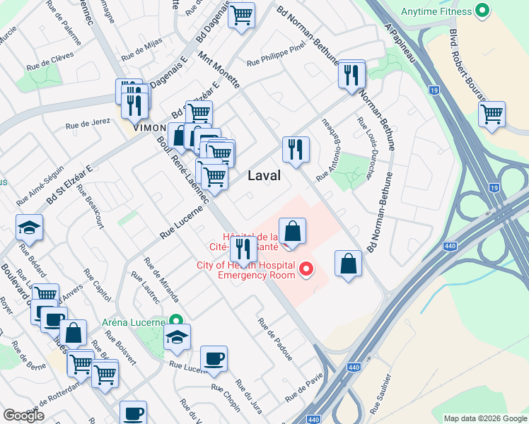 map of restaurants, bars, coffee shops, grocery stores, and more near 1623 Rue Michel- Gamelin in Laval