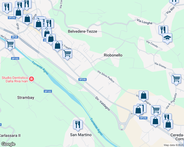 map of restaurants, bars, coffee shops, grocery stores, and more near 2 Via Silvio Pellico in Cornedo Vicentino