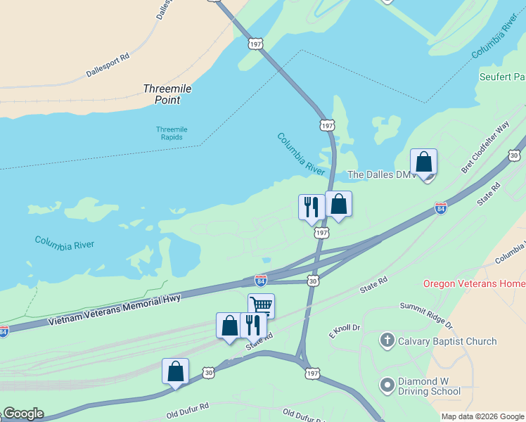 map of restaurants, bars, coffee shops, grocery stores, and more near 240 Lone Pine Lane in The Dalles