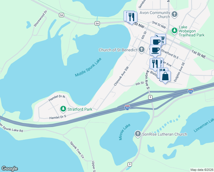 map of restaurants, bars, coffee shops, grocery stores, and more near 621 Chinook Avenue Southwest in Avon