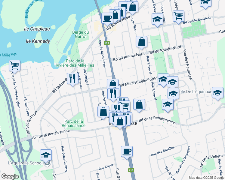 map of restaurants, bars, coffee shops, grocery stores, and more near in Laval