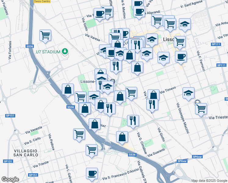 map of restaurants, bars, coffee shops, grocery stores, and more near 27 Via Giosuè Carducci in Lissone