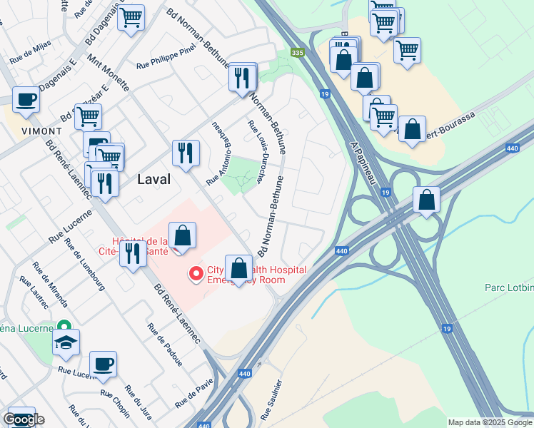map of restaurants, bars, coffee shops, grocery stores, and more near 1645 Rue Louis-Durocher in Laval