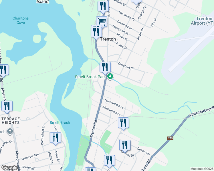 map of restaurants, bars, coffee shops, grocery stores, and more near Brook Street in Trenton