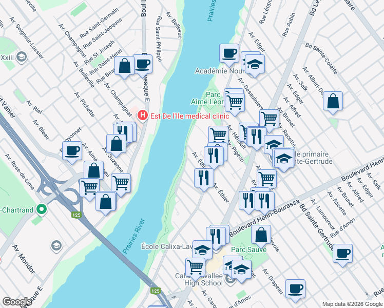 map of restaurants, bars, coffee shops, grocery stores, and more near 12054 Avenue Éthier in Montréal