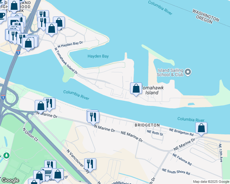 map of restaurants, bars, coffee shops, grocery stores, and more near 370 North Tomahawk Island Drive in Portland