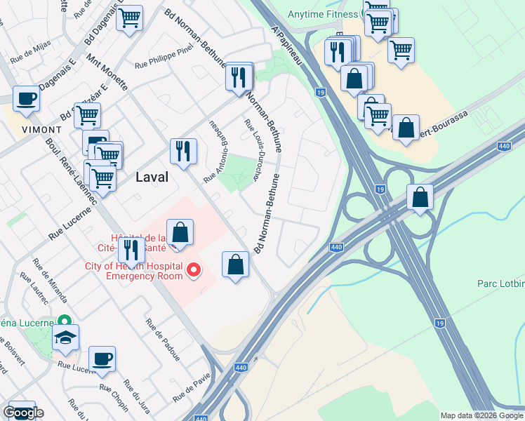 map of restaurants, bars, coffee shops, grocery stores, and more near 1645 Rue Louis-Durocher in Laval