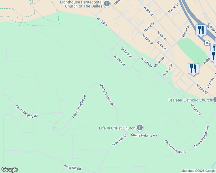 map of restaurants, bars, coffee shops, grocery stores, and more near 3653 Cherry Heights Road in The Dalles