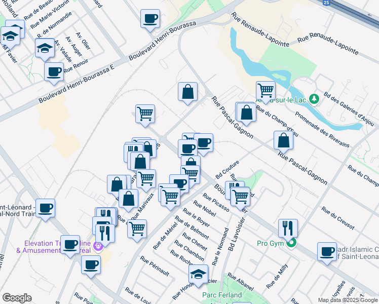 map of restaurants, bars, coffee shops, grocery stores, and more near 9220 Boulevard Langelier in Montréal