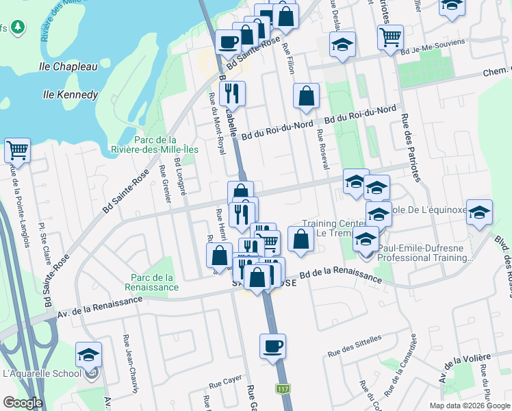 map of restaurants, bars, coffee shops, grocery stores, and more near 198 Boulevard du Curé-Labelle in Laval