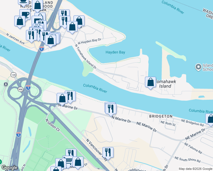 map of restaurants, bars, coffee shops, grocery stores, and more near 510 North Tomahawk Island Drive in Portland