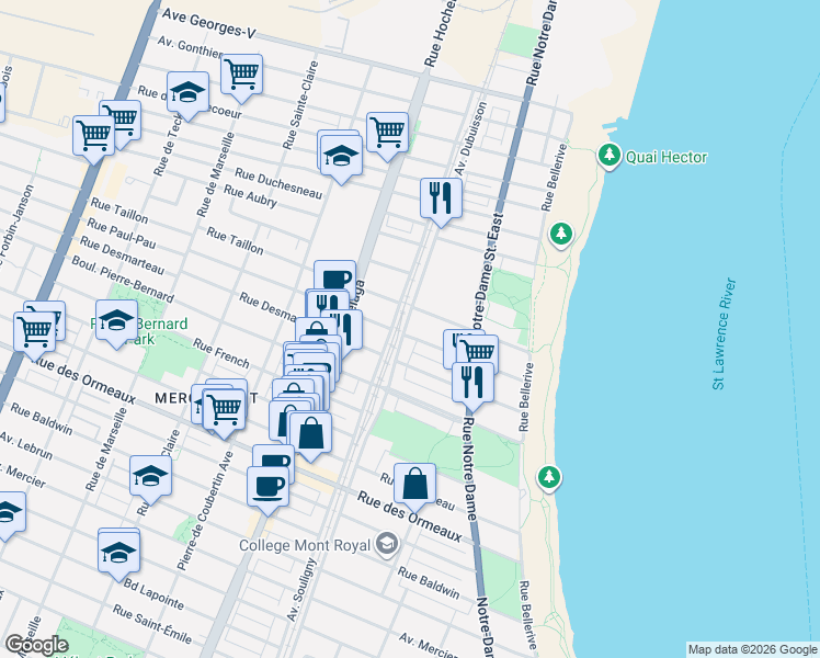 map of restaurants, bars, coffee shops, grocery stores, and more near 9144 Avenue Dubuisson in Montréal