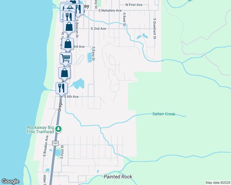 map of restaurants, bars, coffee shops, grocery stores, and more near 610 South Pacific View Drive in Rockaway Beach