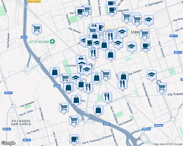 map of restaurants, bars, coffee shops, grocery stores, and more near 27 Via Giosuè Carducci in Lissone