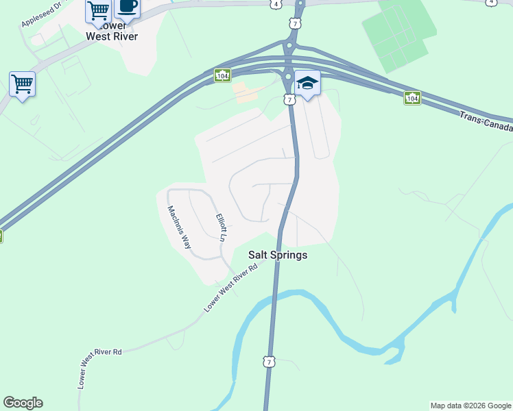 map of restaurants, bars, coffee shops, grocery stores, and more near 10 Springvale Drive in Antigonish