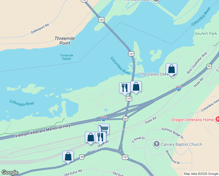 map of restaurants, bars, coffee shops, grocery stores, and more near 260 Lone Pine Lane in The Dalles