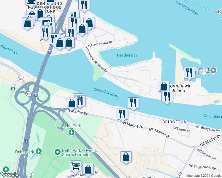 map of restaurants, bars, coffee shops, grocery stores, and more near 378 North Lotus Isle Drive in Portland