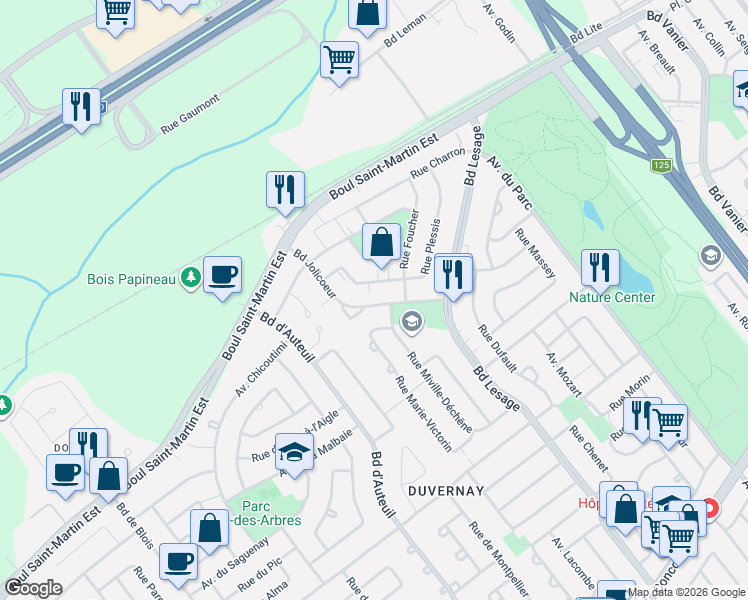 map of restaurants, bars, coffee shops, grocery stores, and more near 1054 Boulevard Jolicoeur in Laval