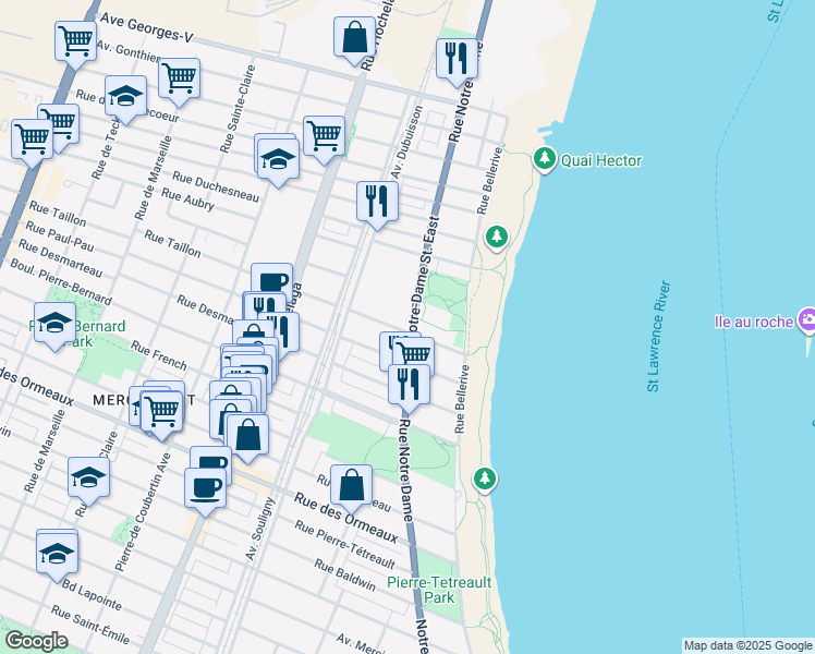map of restaurants, bars, coffee shops, grocery stores, and more near 9163 Rue Notre Dame Est in Montréal