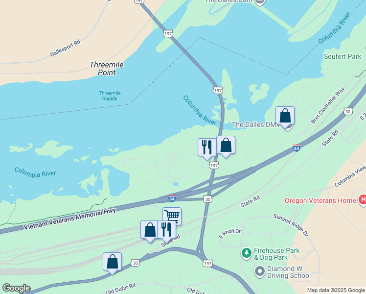 map of restaurants, bars, coffee shops, grocery stores, and more near 260 Lone Pine Lane in The Dalles