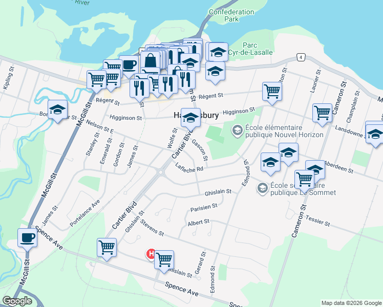 map of restaurants, bars, coffee shops, grocery stores, and more near 443 Garneau St in Hawkesbury