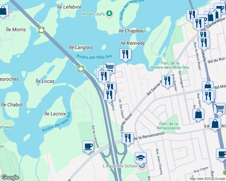 map of restaurants, bars, coffee shops, grocery stores, and more near 66 Rue de la Pointe-Langlois in Laval