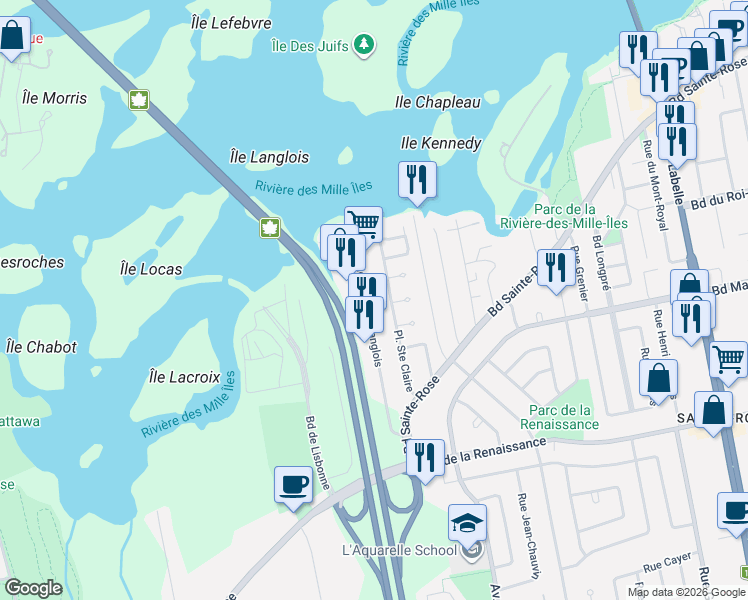 map of restaurants, bars, coffee shops, grocery stores, and more near 66 Rue de la Pointe-Langlois in Laval