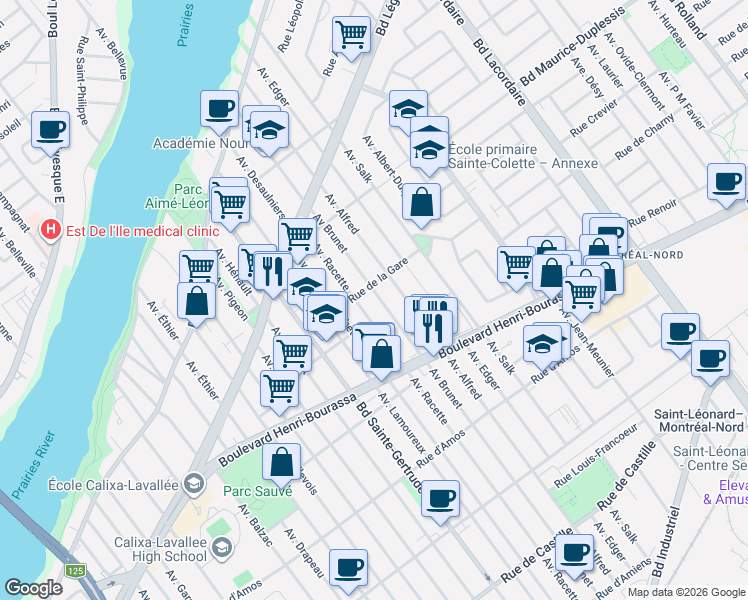 map of restaurants, bars, coffee shops, grocery stores, and more near 11750 Avenue Brunet in Montréal