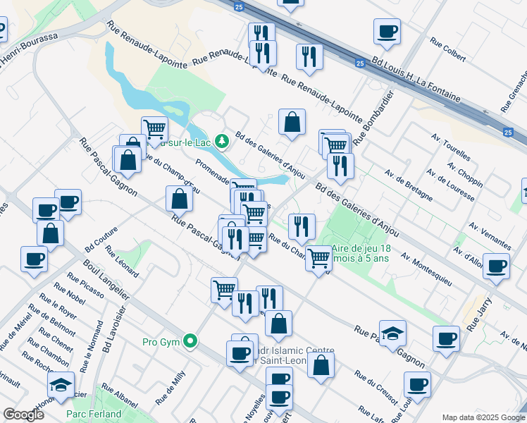 map of restaurants, bars, coffee shops, grocery stores, and more near 10030 Promenade des Riverains in Montreal