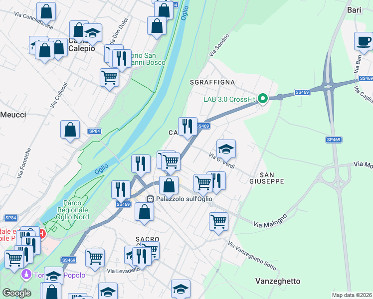 map of restaurants, bars, coffee shops, grocery stores, and more near 45 Via S. Pancrazio in Palazzolo sull'Oglio