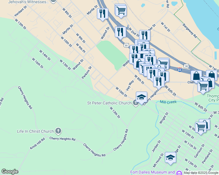 map of restaurants, bars, coffee shops, grocery stores, and more near 1516 West 10th Street in The Dalles