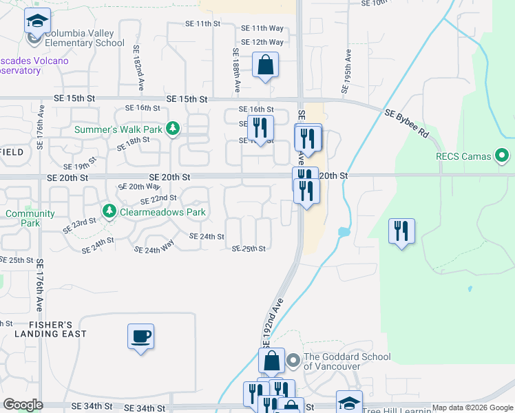 map of restaurants, bars, coffee shops, grocery stores, and more near 18825 Southeast 22nd Circle in Vancouver