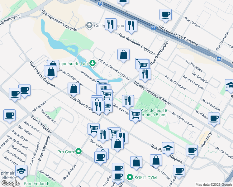 map of restaurants, bars, coffee shops, grocery stores, and more near 7055 Rue Bombardier in Montreal