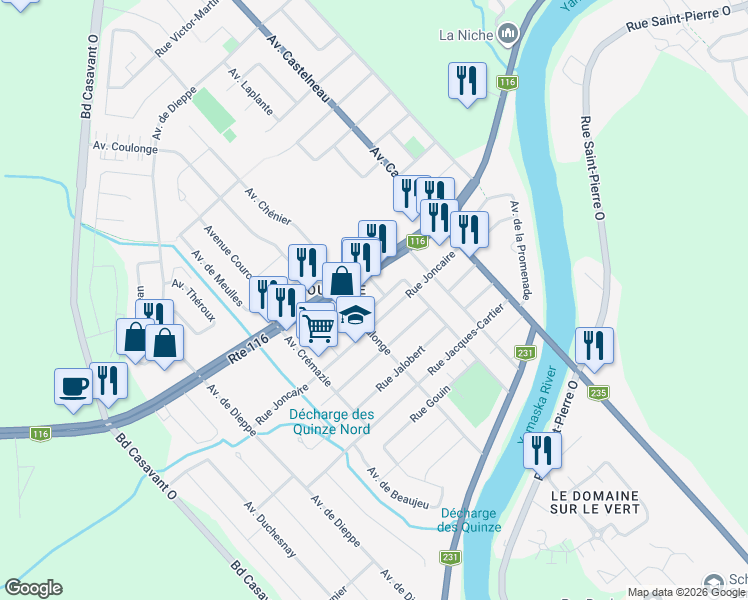 map of restaurants, bars, coffee shops, grocery stores, and more near 5240 Rue La Barre in Saint-Hyacinthe