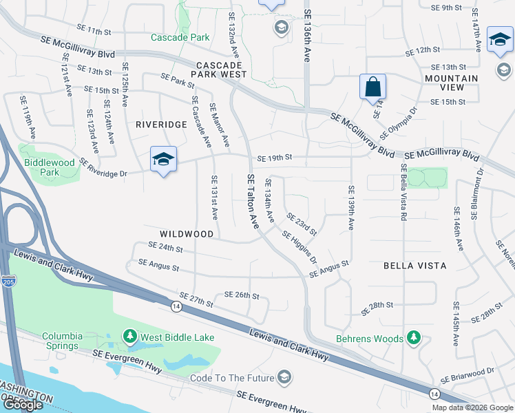 map of restaurants, bars, coffee shops, grocery stores, and more near 2016 Southeast 134th Avenue in Vancouver