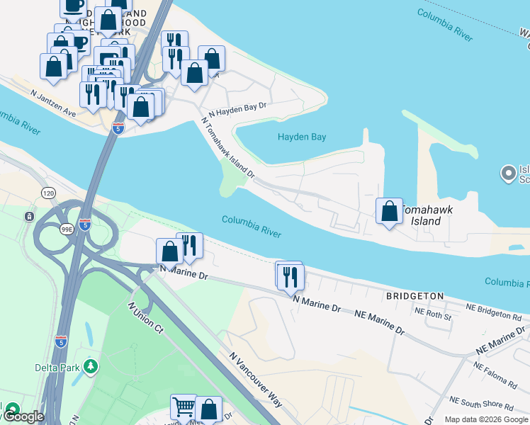 map of restaurants, bars, coffee shops, grocery stores, and more near 378 North Lotus Isle Drive in Portland