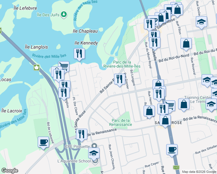 map of restaurants, bars, coffee shops, grocery stores, and more near 370 Boulevard Sainte-Rose in Laval